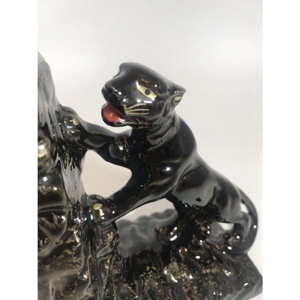 One Mid-Century/Hollywood Regency Black Panther w Gold Bookend, Glazed Redware - Picture 2 of 7